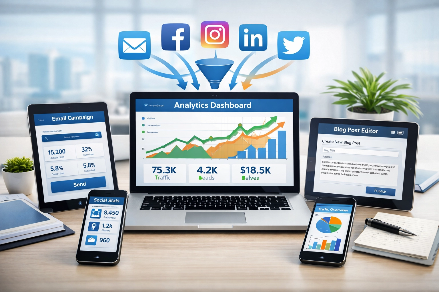 Digitális marketing irányítópult, amely több forgalmi forrást és csatornát mutat elemzésekkel