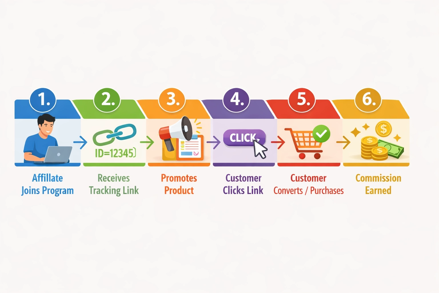 Hatlépéses folyamatábra, amely bemutatja, hogyan működik az affiliate marketing a csatlakozástól a jutalék szerzéséig