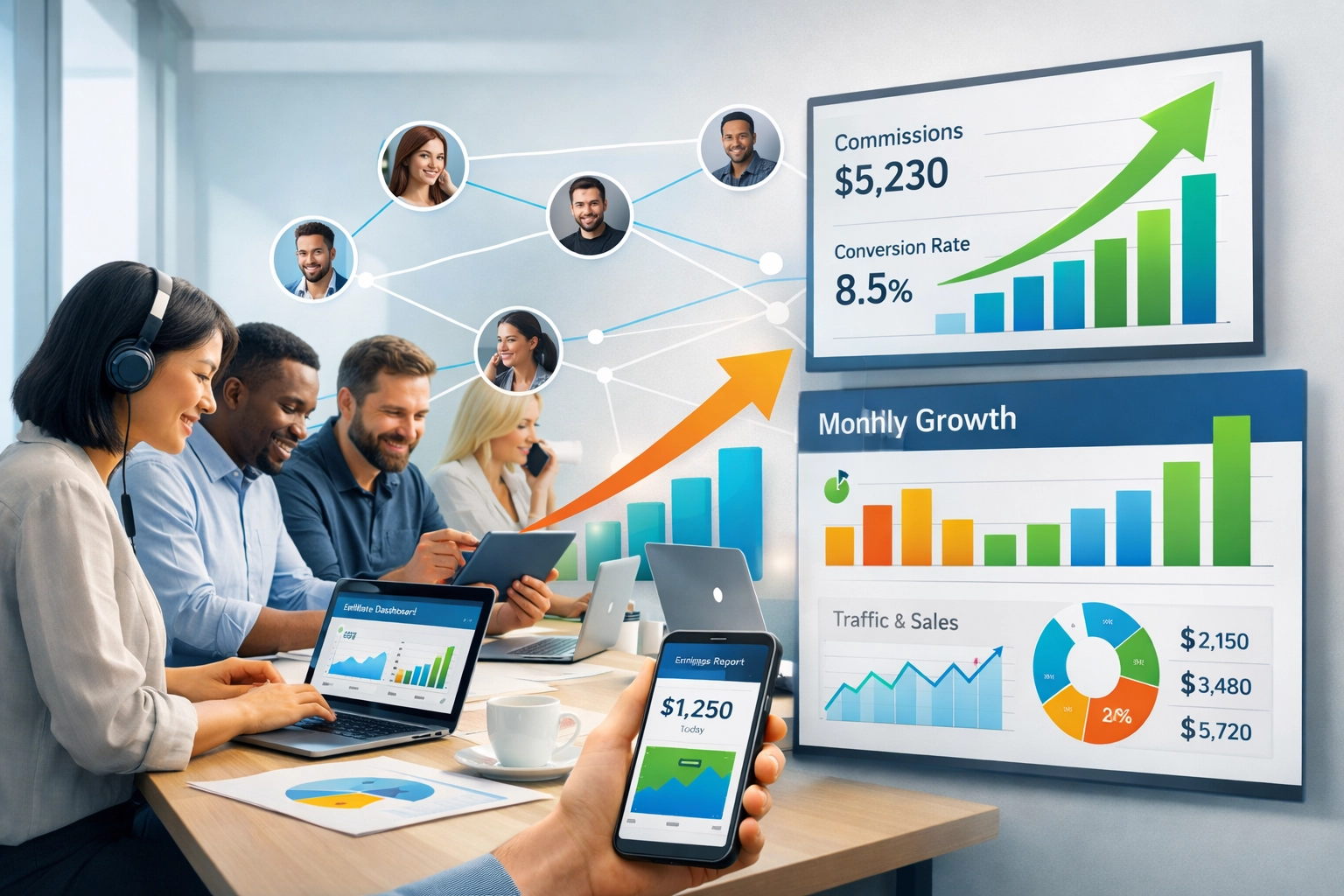 Sokszínű affiliate hálózat növekedési diagramokkal és teljesítménymutatókkal dolgozik együtt