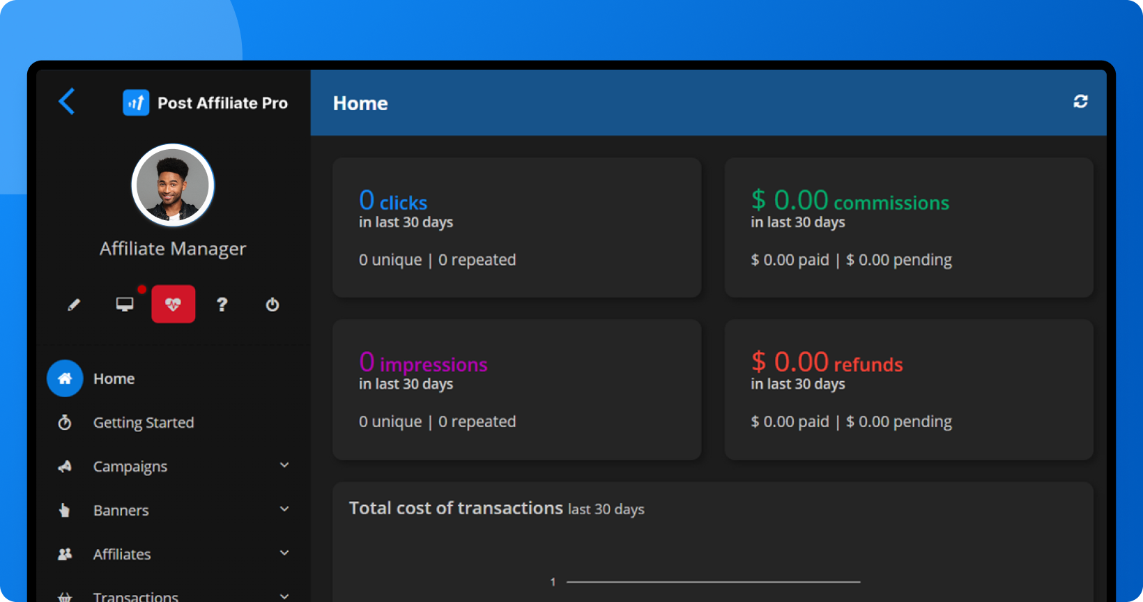 A Post Affiliate Pro Summer Theme előnézete Dark Mode-ban az üzletkezelő és affiliate panelekre alkalmazva