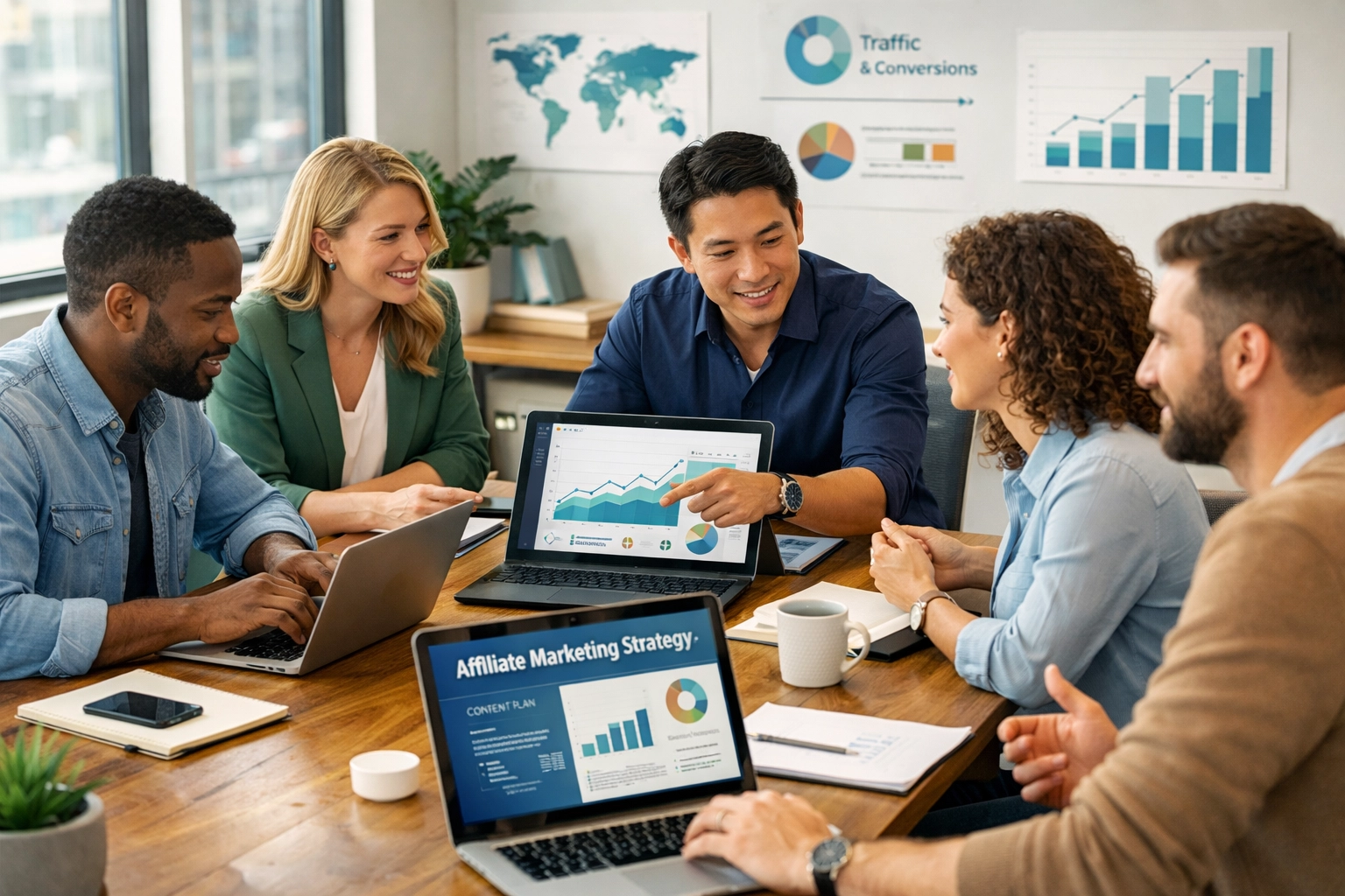 Professzionális, sokszínű affiliate csapat dolgozik együtt egy modern irodában