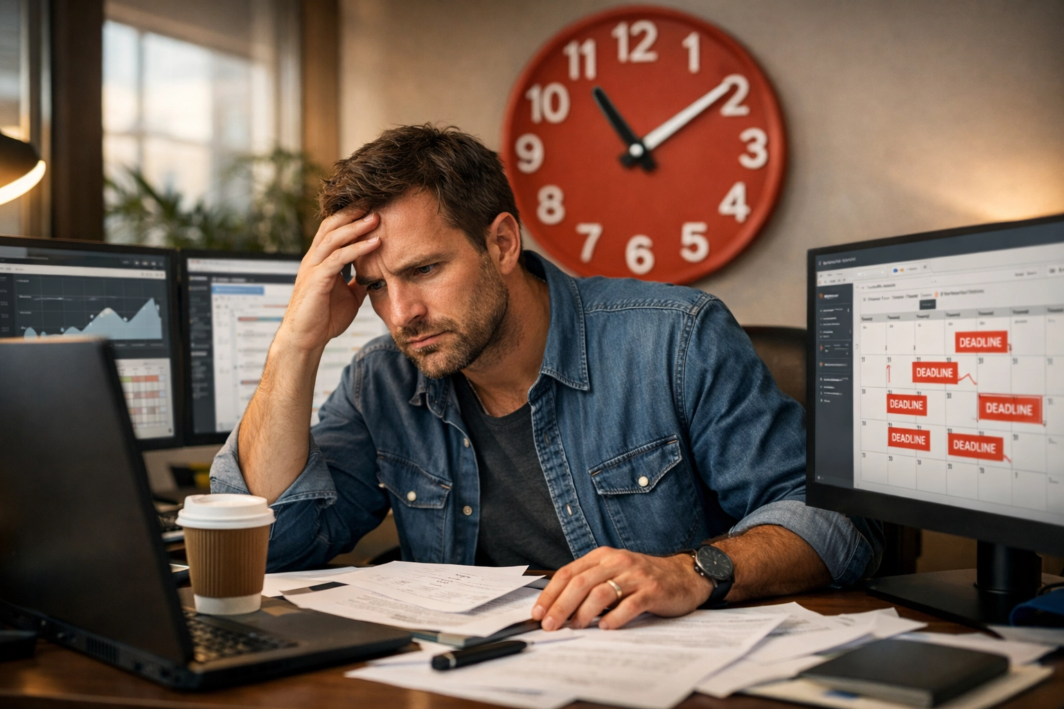 Tartalomgyártási feladatokkal elárasztott affiliate marketinges, több monitorral az asztalánál