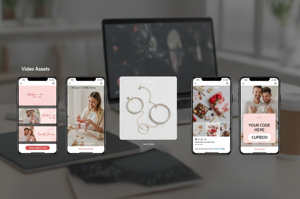 Közösségi médiára optimalizált affiliate marketing eszközök mobil eszközökön megjelenítve, Instagram Stories, TikTok és feed post méretekkel Valentin-napi kreatív példákkal