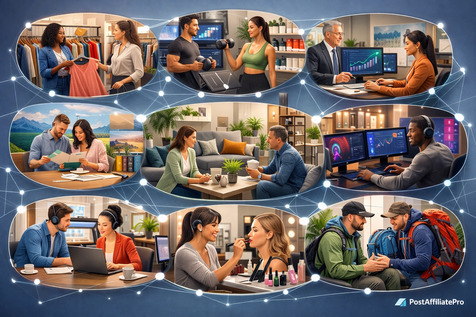 Különböző affiliate marketing piacok ökoszisztémája, amely összekapcsolt üzleti lehetőségeket mutat