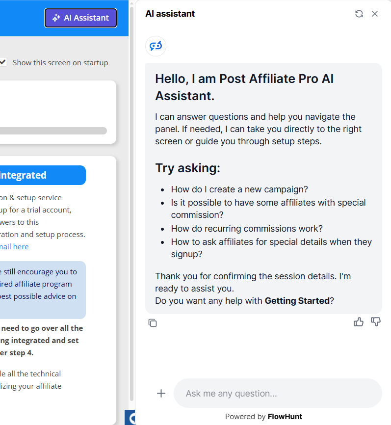 Post Affiliate Pro AI asszisztens chatbot bevezető