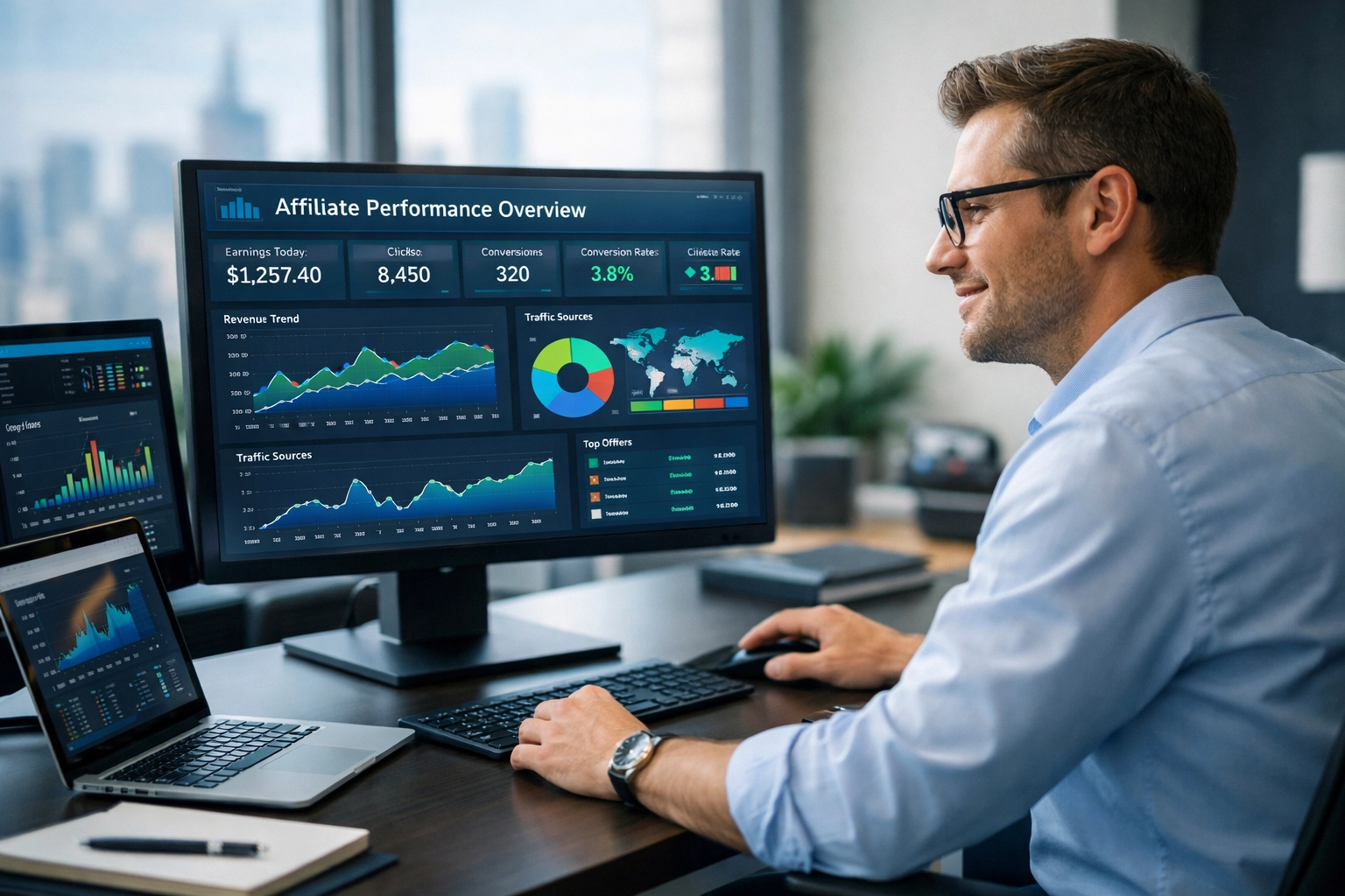 Professzionális affiliate marketinges dolgozik fejlett analitikai dashboarddal