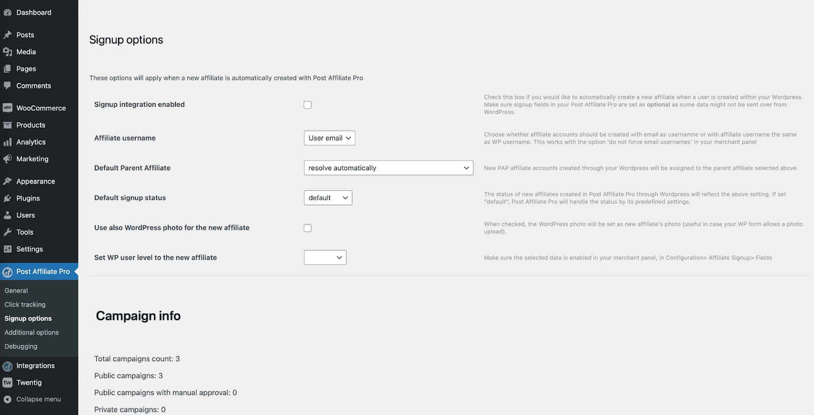 Screenshot of Post Affiliate Pro's affiliate plugin signup options