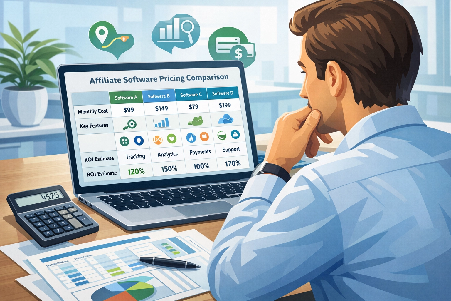 Üzleti szakember partnerprogram-szoftver árösszehasonlítást elemez számítógépen