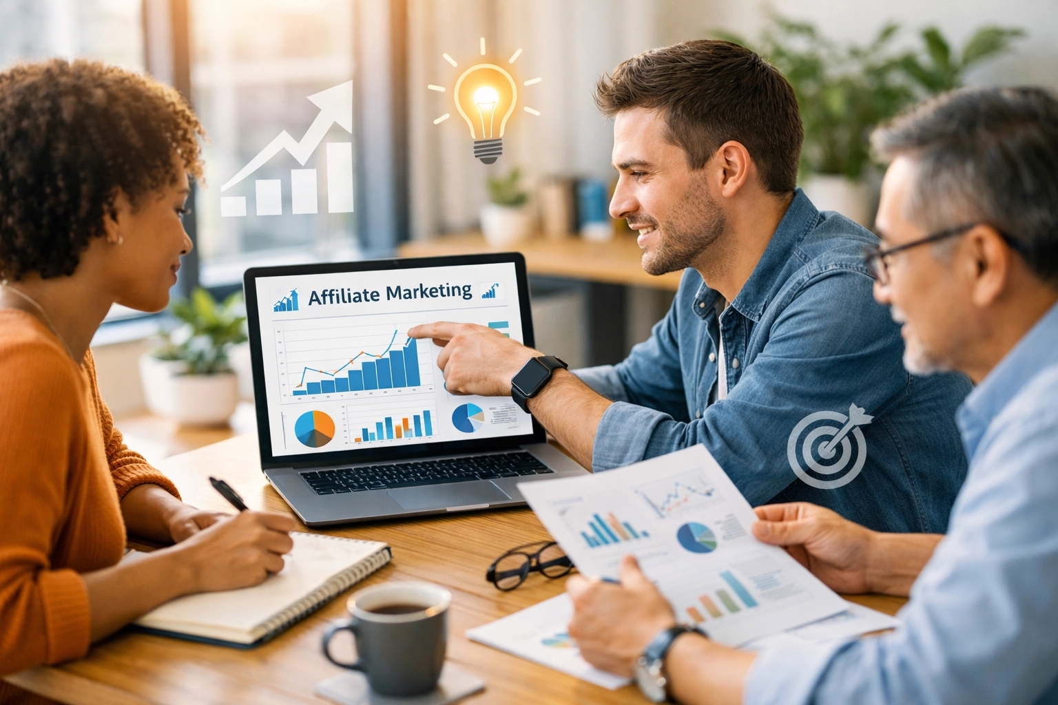 Diverz csapat affiliate marketinget tanul együtt modern irodában