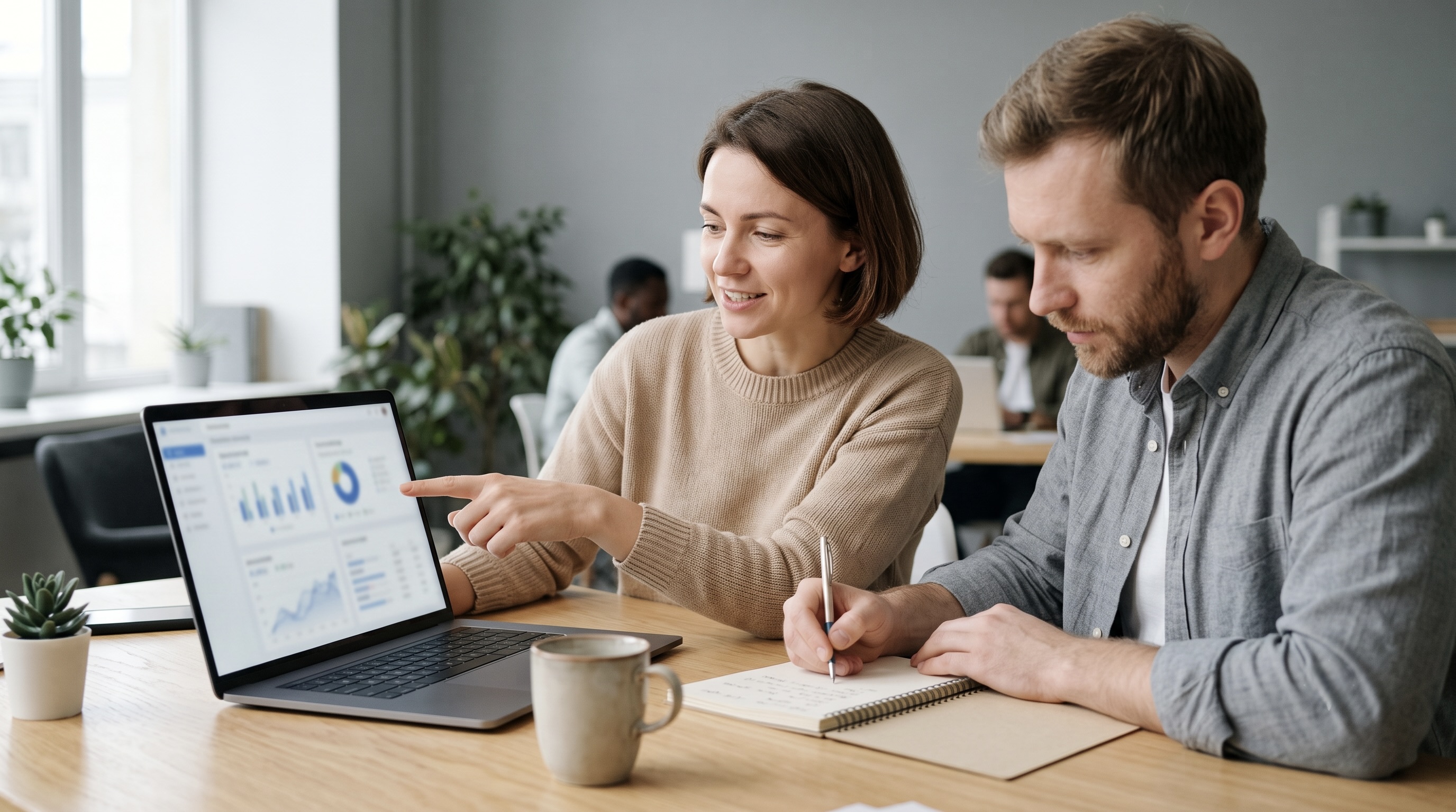 Két marketinges csapattag affiliate követő szoftver opciókat hasonlít össze egy laptop dashboardon