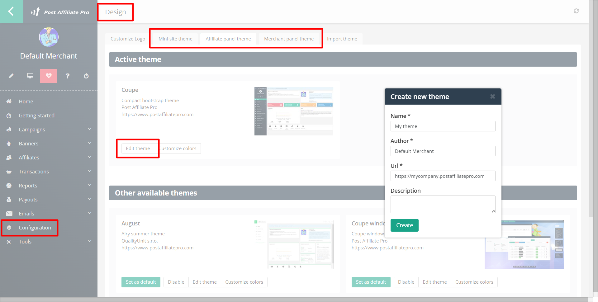 Post Affiliate Pro Design panel, amely a Mini-site téma, Affiliate panel téma és Kereskedői panel téma füleket mutatja, a Create new theme (Új téma létrehozása) párbeszédablakkal