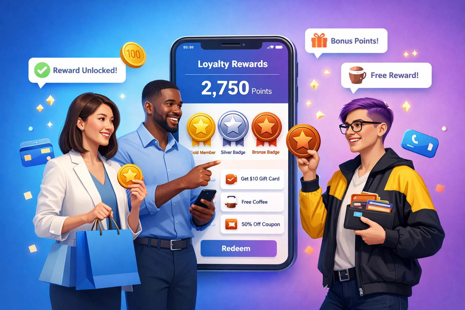 Diverse customers earning loyalty rewards through mobile app with points, badges, and digital wallet