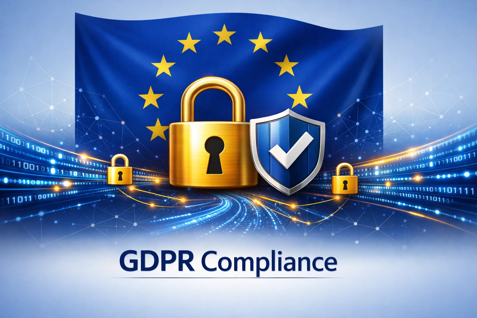 GDPR megfelelőség koncepciója EU zászlóval és adatvédelmi szimbólumokkal