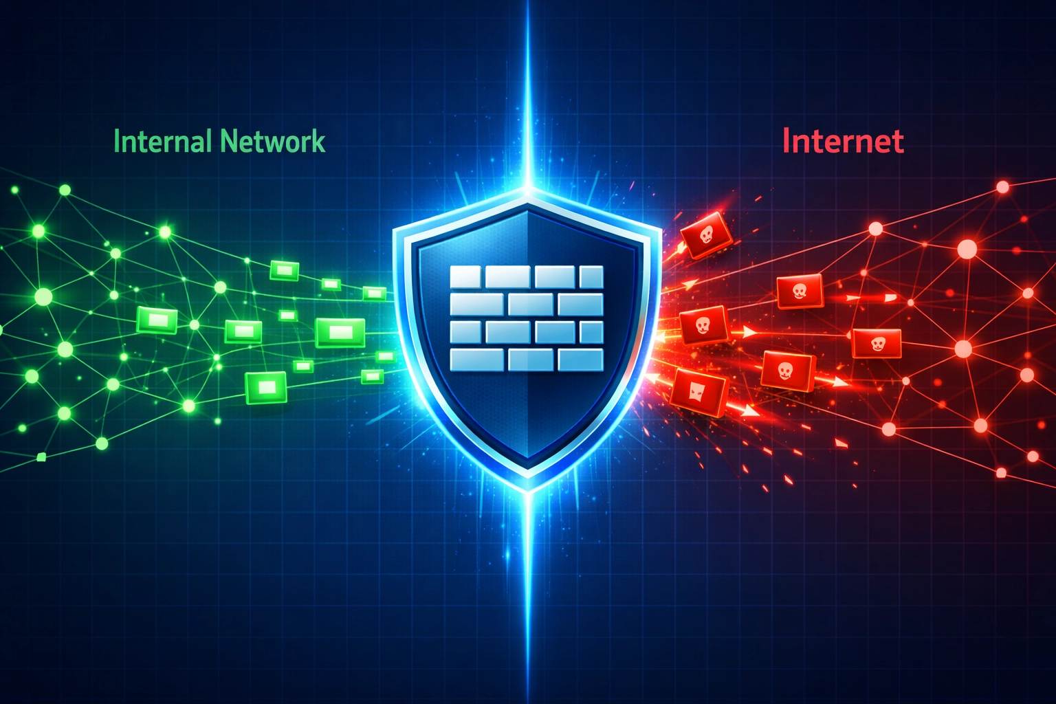 Firewall concept showing digital barrier between internal network and internet with data packet filtering