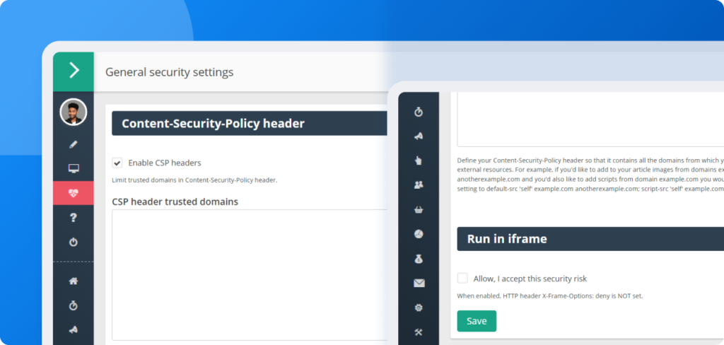Beállítási képernyő, amely megmutatja, hogyan lehet engedélyezni a CSP fejléceket és beállítani a megbízható domaineket a Post Affiliate Pro-ban