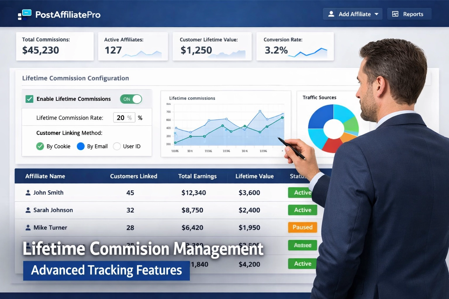 PostAffiliatePro dashboard showing lifetime commission configuration and affiliate performance metrics