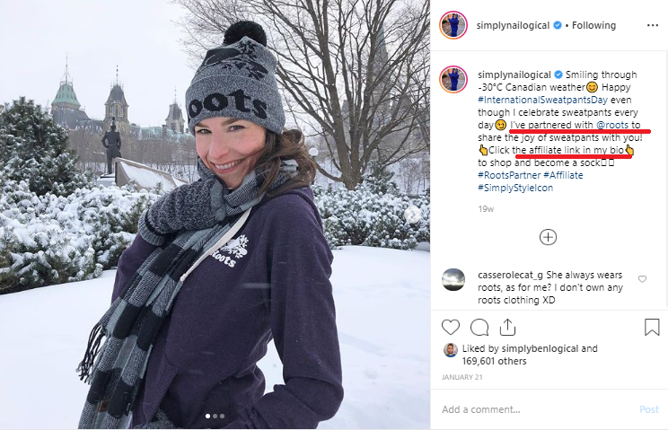 Simply Nailogical announcing her affiliate partnership with a clothing brand Roots