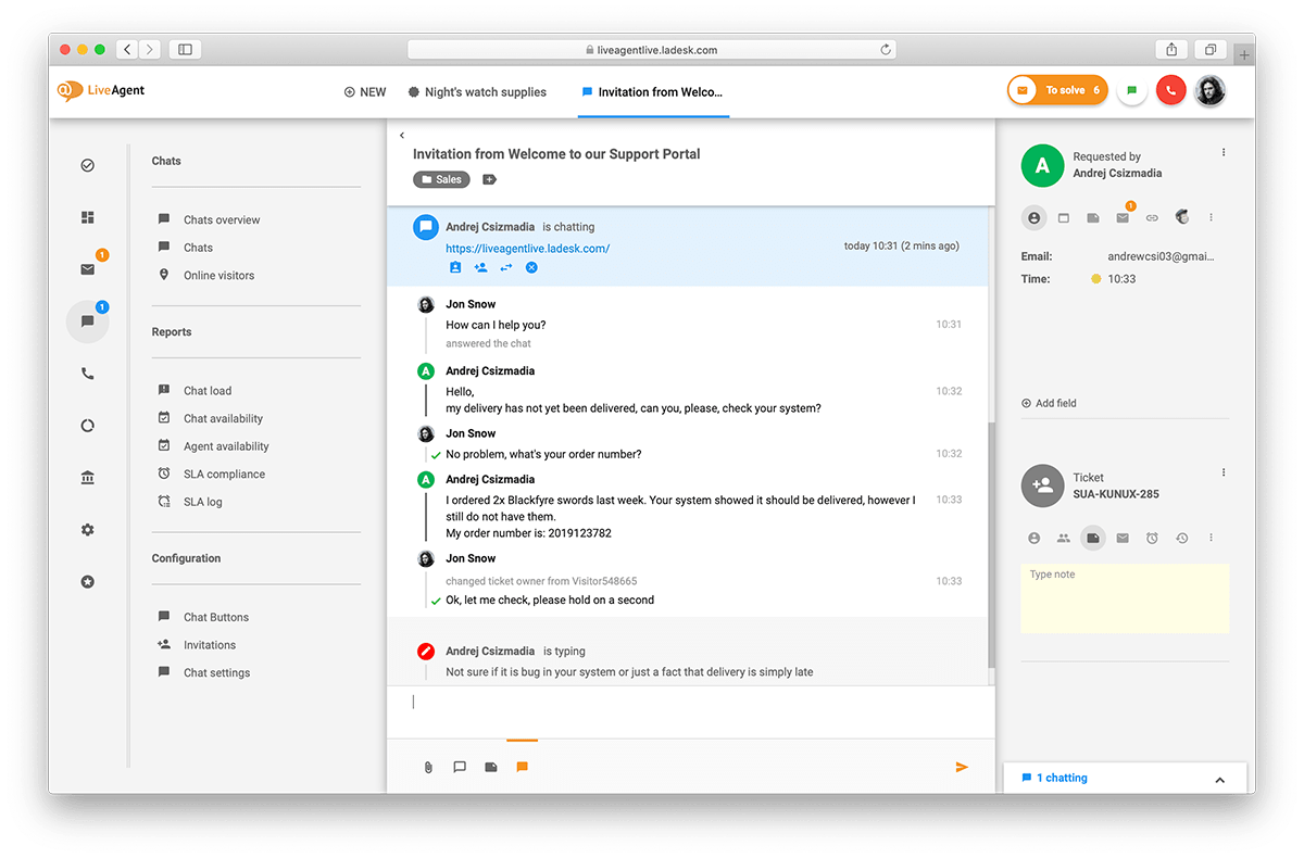 LiveAgent jegy- és chat-áttekintés