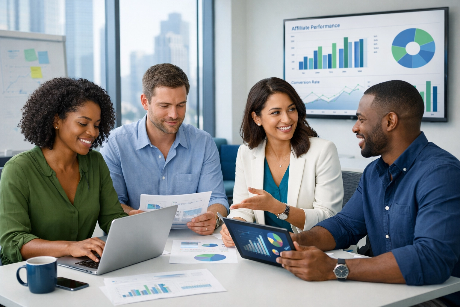 Sokszínű affiliate marketinges csapat együttműködik modern irodában