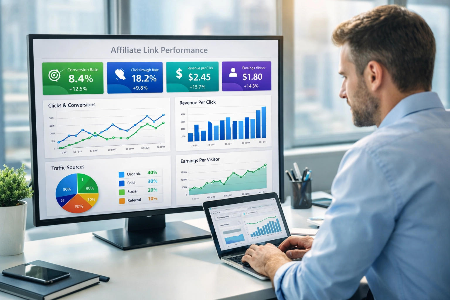 Professzionális analitikai műszerfal affiliate link teljesítménymutatókkal, konverziós arányokkal, átkattintási arányokkal és bevételi adatokkal