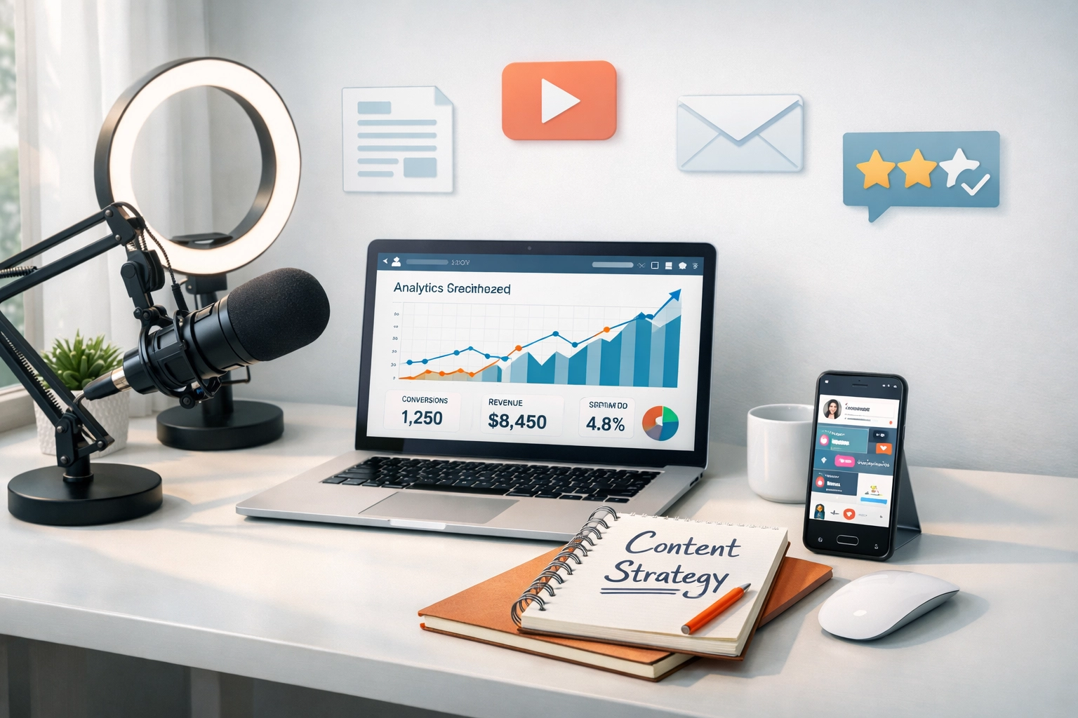 Szakmai affiliate marketing tartalomkészítő munkaterület laptoppal, mikrofonnal és analitika irányítópulttal