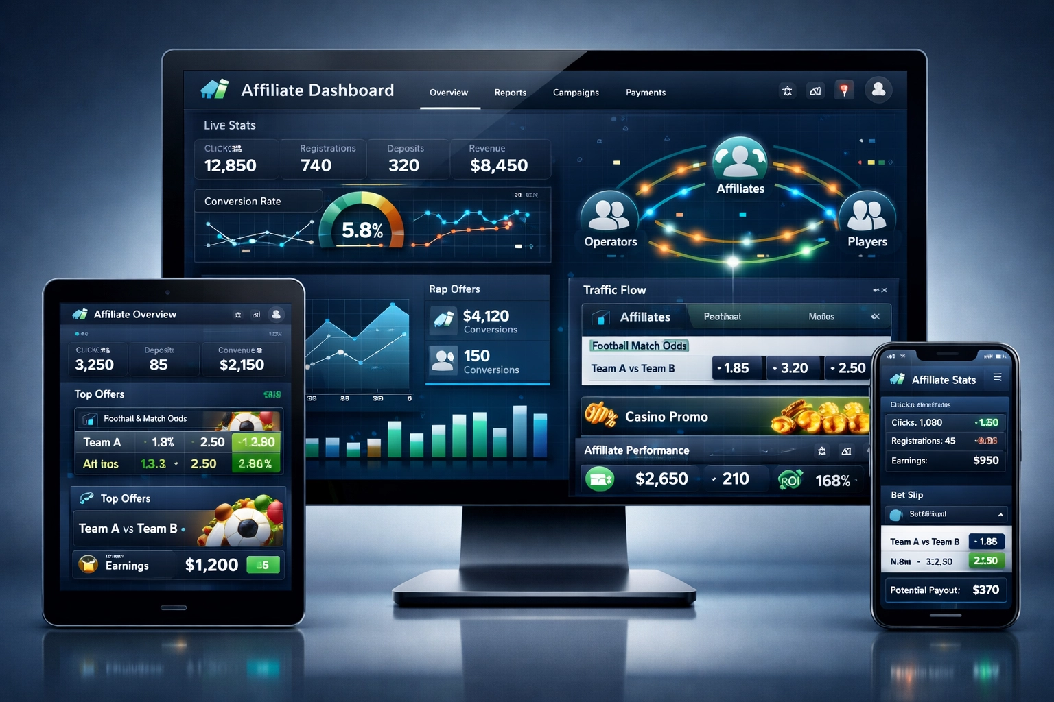 MyAffiliates Platform dashboard showing affiliate marketing analytics and sports betting metrics