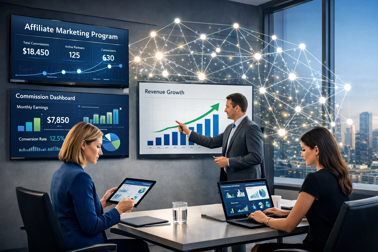 B2B affiliate marketing program indítása, üzleti szakemberek teljesítménymutatók elemzésével