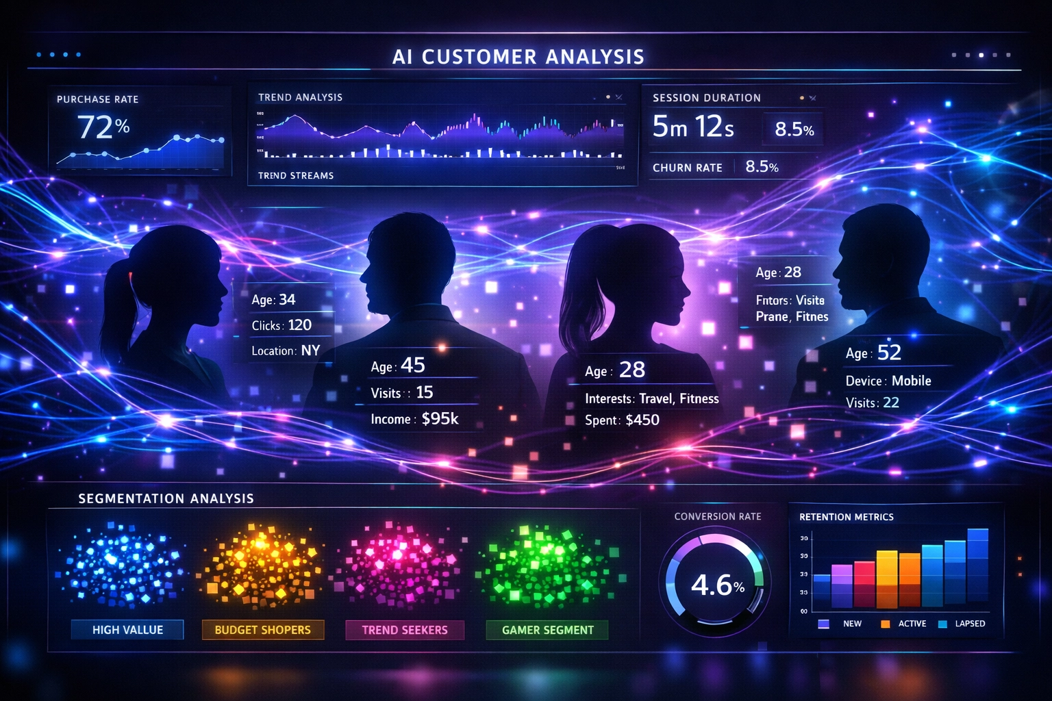 AI analyzing customer data with neural network patterns and micro-segmentation visualization