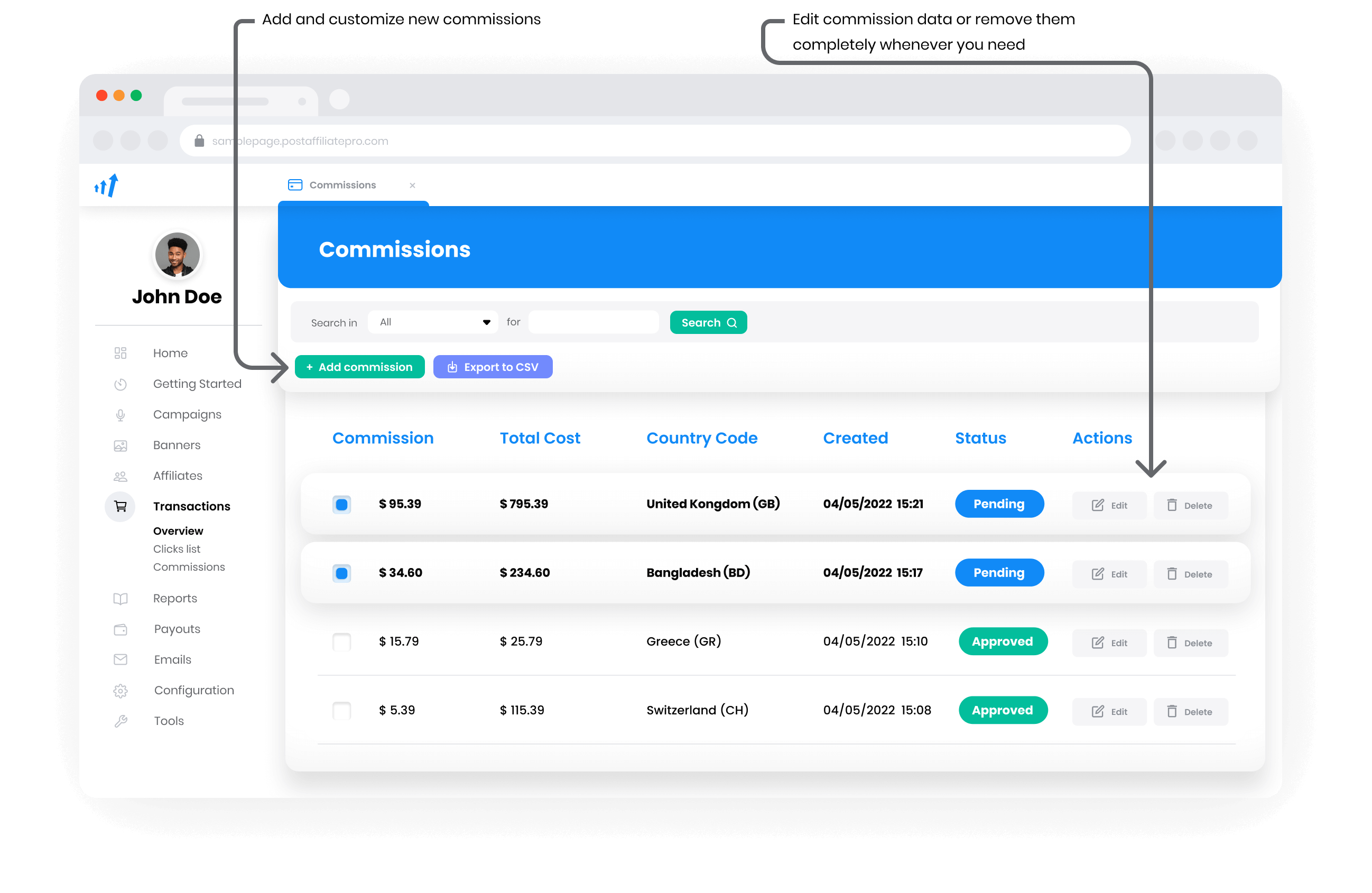 Jutalékok & Kifizetések áttekintése a Post Affiliate Pro-ban