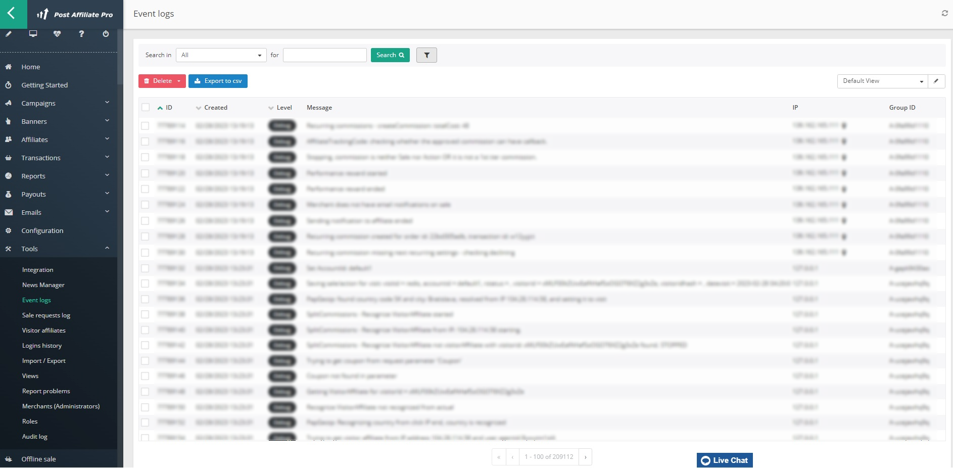 Post Affiliate Pro - Eseménynapló áttekintés