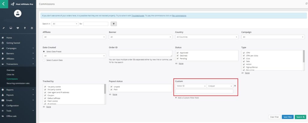 Post Affiliate Pro - Látogató azonosító szűrő