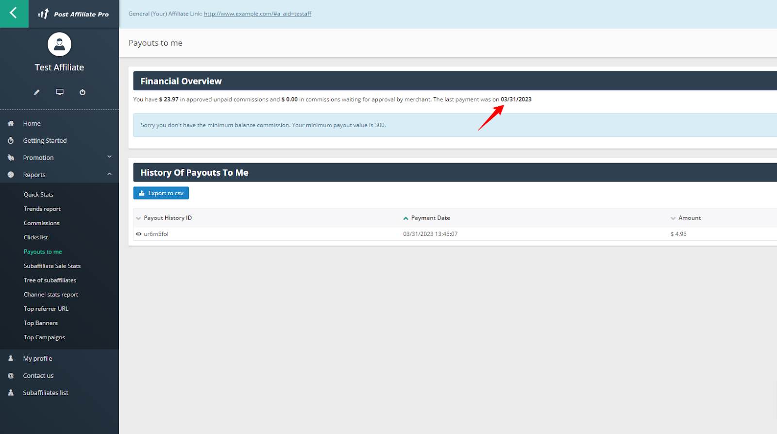Affiliate panel pénzügyi összegzéssel, kifizetési előzményekkel és navigációs menüvel