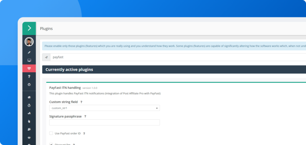 Beállítási képernyő, amely a PayFast ITN kezelés bővítmény aktiválását és konfigurálását mutatja a Post Affiliate Pro-ban