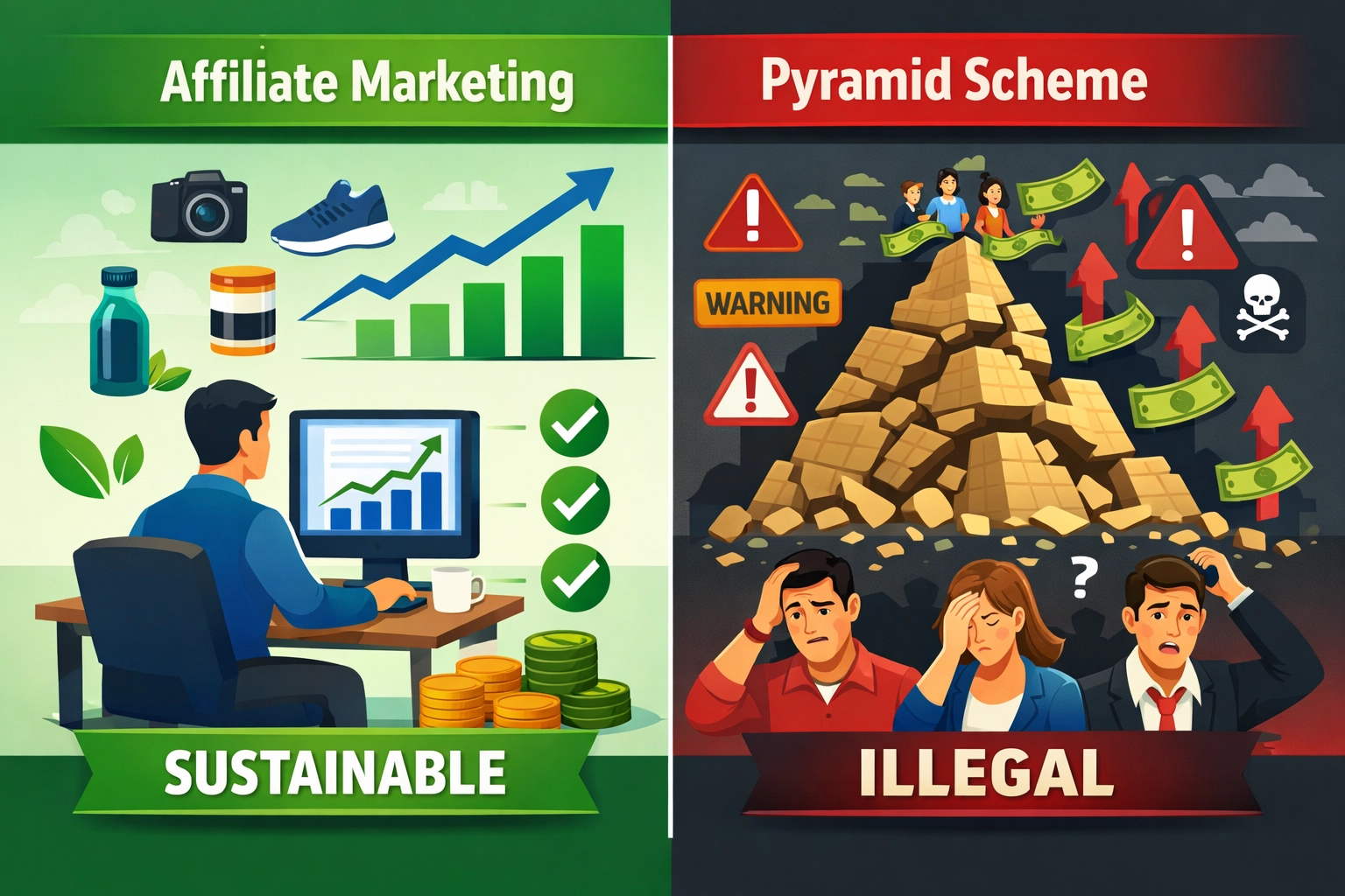 Összehasonlítás: legális affiliate marketing vs piramisjáték