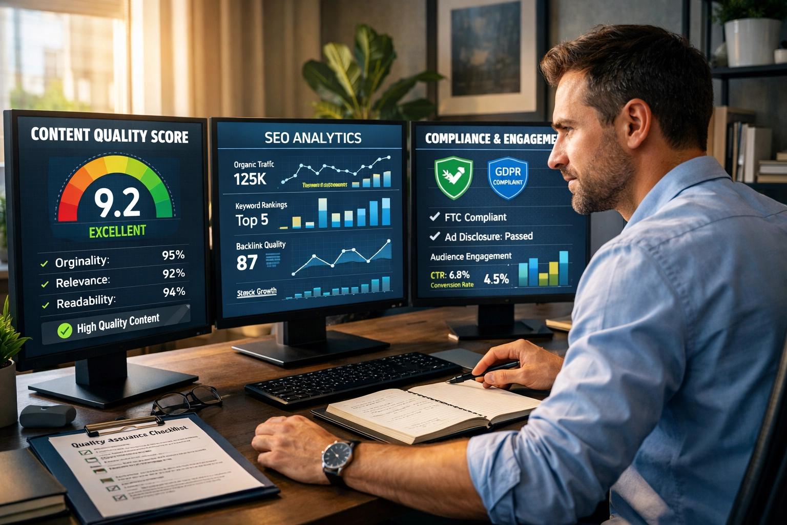 Profi affiliate marketinges több monitoron, analitikai irányítópultokon vizsgálja a tartalmi minőségi követelményeket