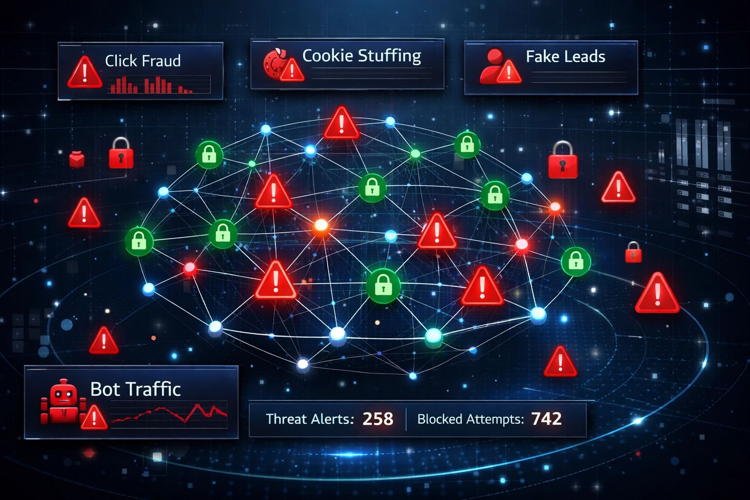 Digitális biztonsági fenyegetettségi térkép, amely bemutatja az affiliate csalások veszélyeit kiberbiztonsági műszerfallal