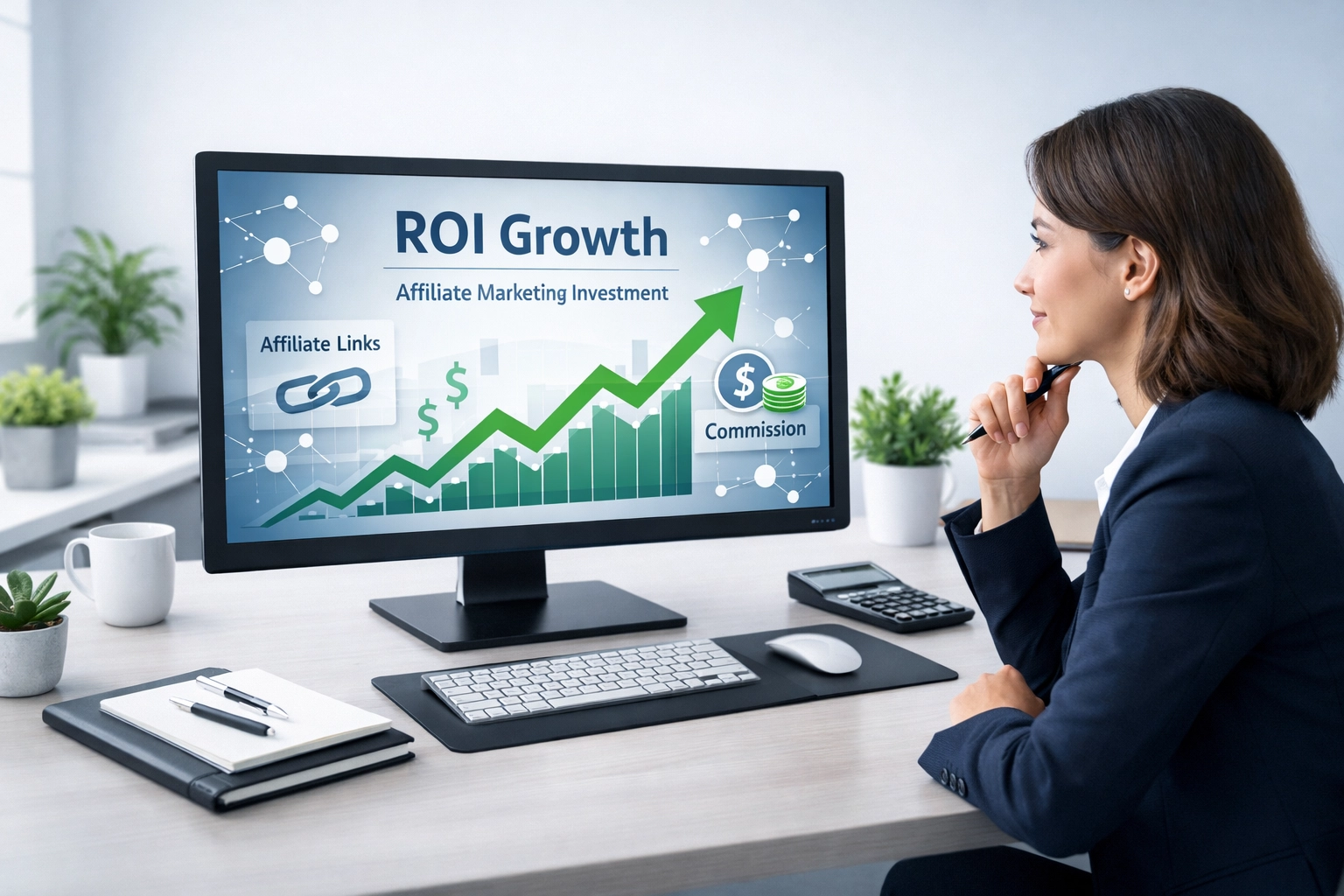 Professzionális befektetési és növekedési koncepció affiliate marketinghez, felfelé ívelő grafikon és ROI növekedés