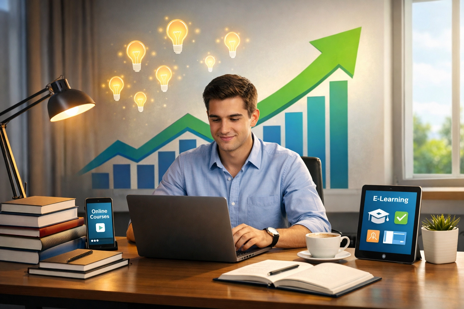 Professzionális személy tanul és fejlődik felfelé mutató nyilakkal, villanykörte ikonokkal és technológiai elemekkel, amelyek a folyamatos fejlődést jelképezik