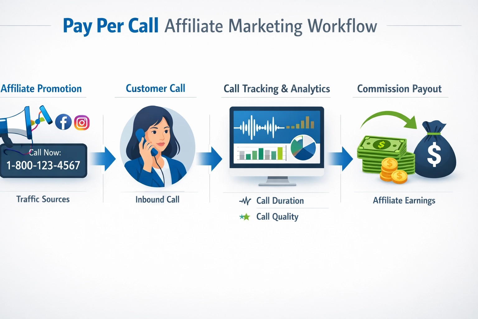 Pay per call affiliate marketing workflow showing affiliate promotion, customer calls, call tracking, and commission payment