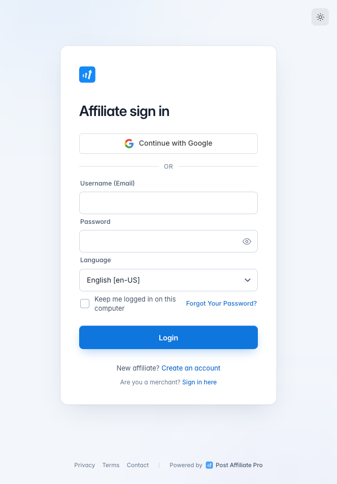 Post Affiliate Pro Bejelentkezés a Google-lel gomb a bejelentkezési képernyőn