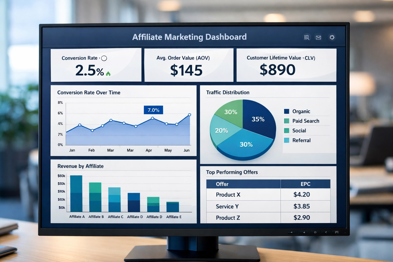 Professzionális analitikai irányítópult affiliate marketing KPI-kkal és mutatókkal