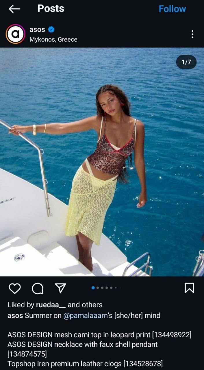 Képernyőkép az @asos Instagram posztjáról, ruházatot bemutatva a termékkódokkal a feliratban.