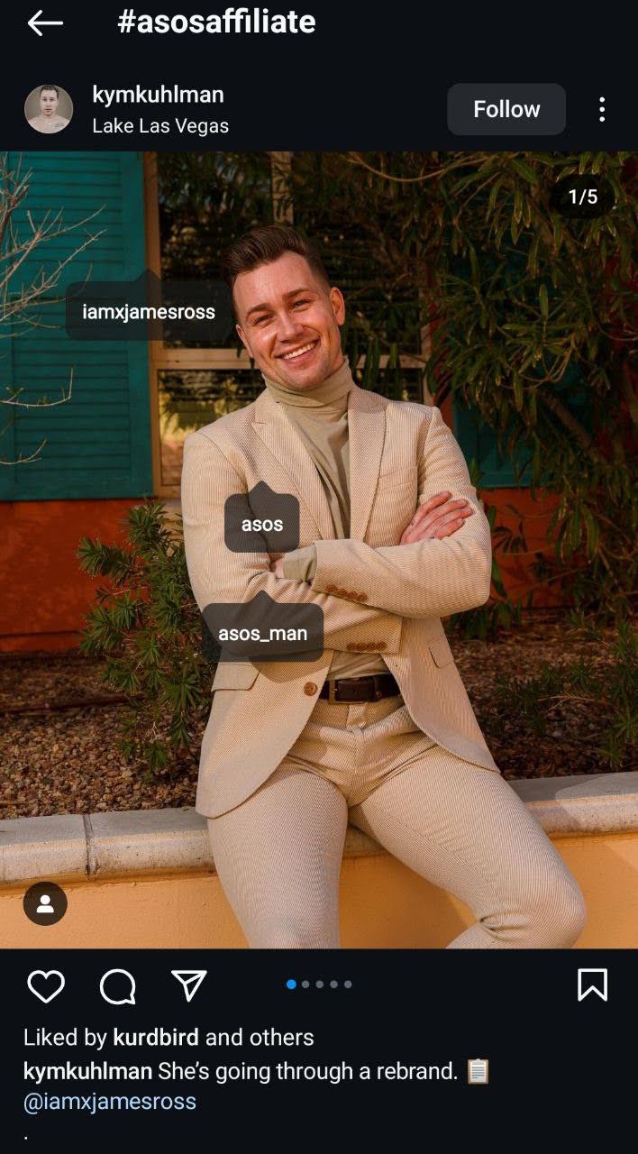 Képernyőkép a @kymkuhlman Instagram posztjáról, ruházatot bemutatva affiliate marketingesként.