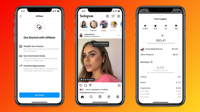 Kép három telefonról, mindegyiken egy képernyőkép az Instagram affiliate bolt beállításáról.