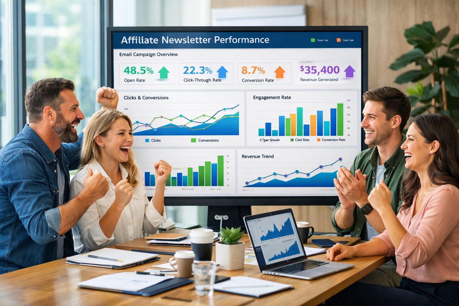 Sikeres partner hírlevél mutatók, ünneplő csapat