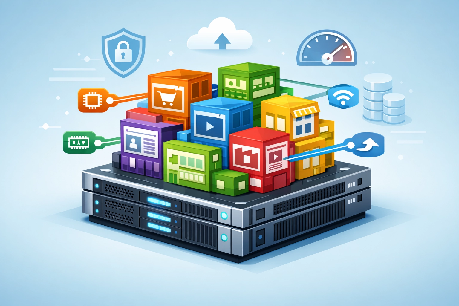 Megosztott webtárhely koncepciója: több weboldal osztozik egy szerver erőforrásain