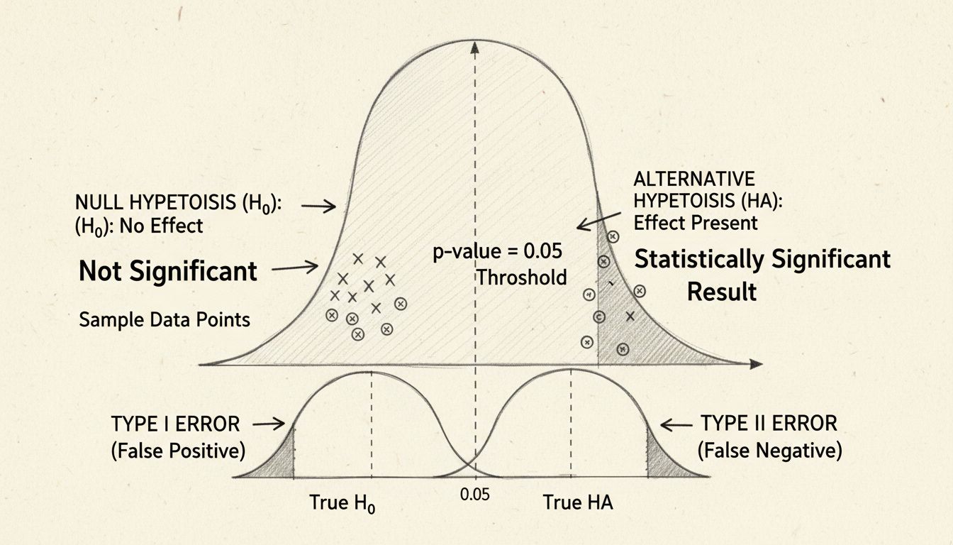 Statisztikai szignifikancia haranggörbe diagram p-érték küszöbbel, nullhipotézissel, alternatív hipotézissel, valamint I. és II. típusú hibákkal