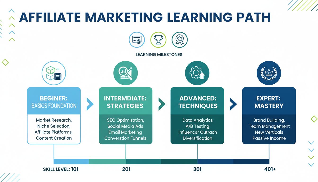 Az affiliate marketing tanulási fejlődése a kezdőtől a haladóig lépésről lépésre: alapok, középhaladó stratégiák, haladó technikák, szakértői szint