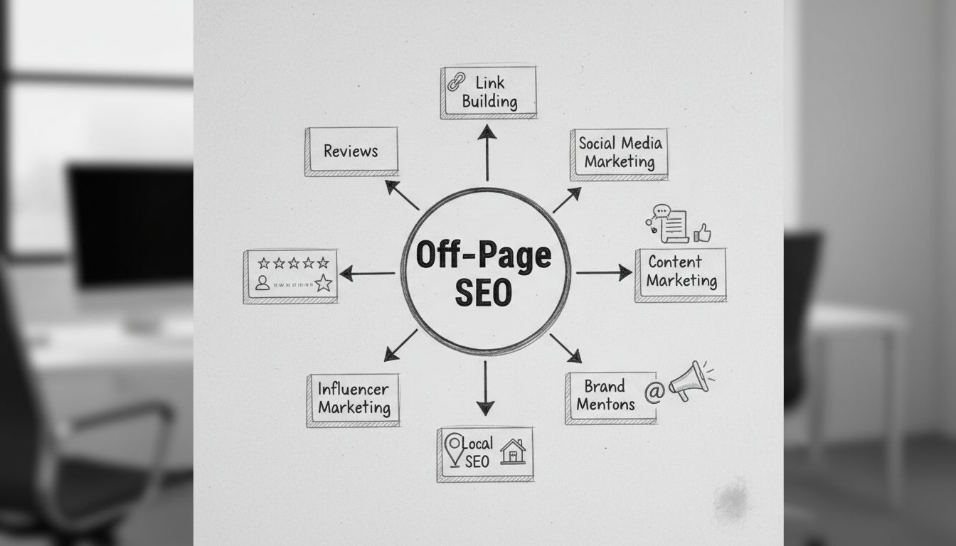 Off-page SEO stratégiák diagramja: linképítés, közösségi média marketing, tartalommarketing, márkaemlítések, helyi SEO, influencer marketing és értékelések