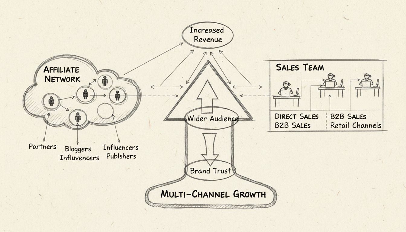 Diagram, amely bemutatja az affiliate hálózat és az értékesítési csapat közötti szinergiát, konvergáló nyilakkal, amelyek a bevétel növekedését, szélesebb közönségelérést és márkabizalmat jelölnek